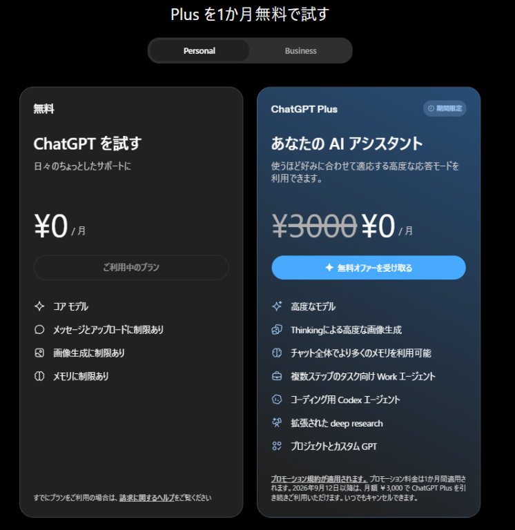 案内が出たときのプランの画面の一例。出る内容はアカウントによって違います