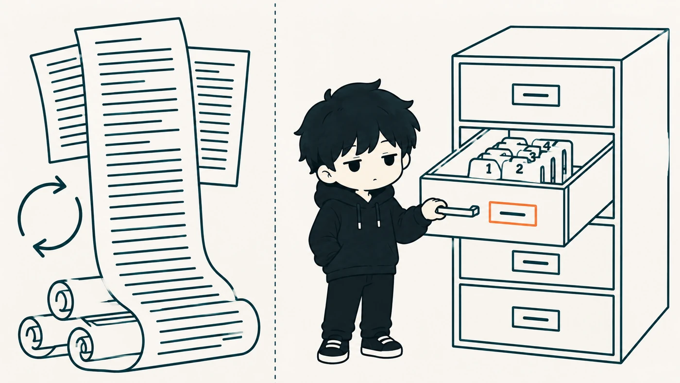 左は、毎回ぜんぶ貼る長い指示。右がスキルで、普段は閉じた引き出しの名札だけが見えていて、要る時だけ開かれる